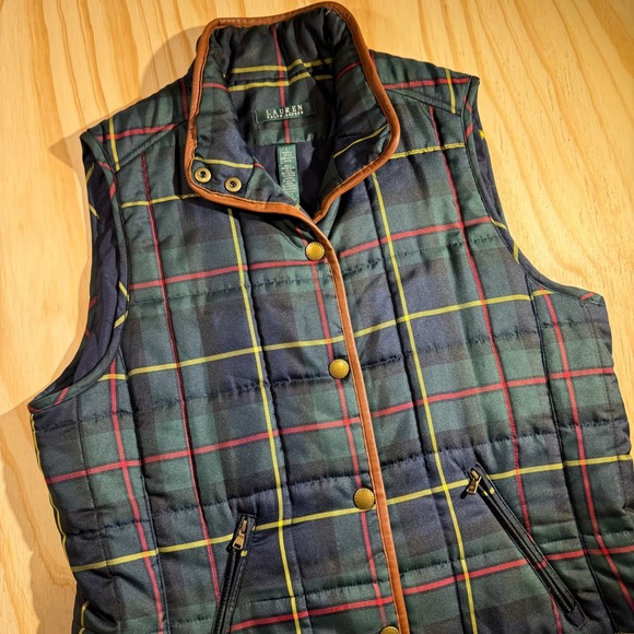 Lauren Ralph Lauren Jackets & Blazers - Lauren Ralph Lauren Green Plaid Quilted Vest Leather Trim Snap Front Size Large